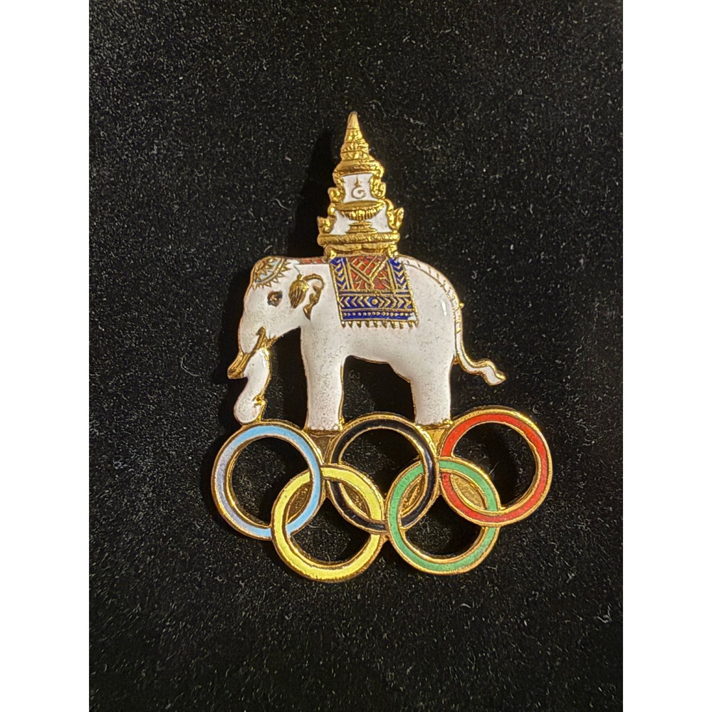 Vintage Thailand Olympic Committee White Elephant Enamel Pin Gold‎ Tone Brooch